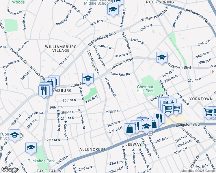 map of restaurants, bars, coffee shops, grocery stores, and more near 2908 North Lexington Street in Arlington