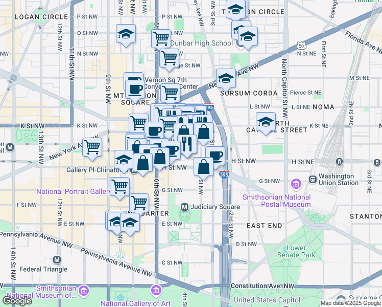 map of restaurants, bars, coffee shops, grocery stores, and more near 425 Massachusetts Avenue Northwest in Washington