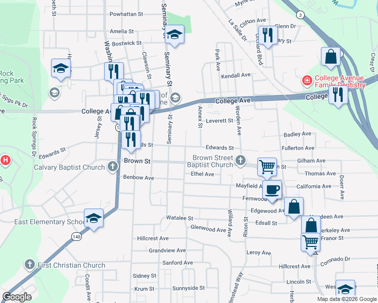 map of restaurants, bars, coffee shops, grocery stores, and more near 1526 Spaulding Street in Alton
