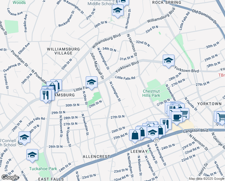 map of restaurants, bars, coffee shops, grocery stores, and more near 2908 North Lexington Street in Arlington