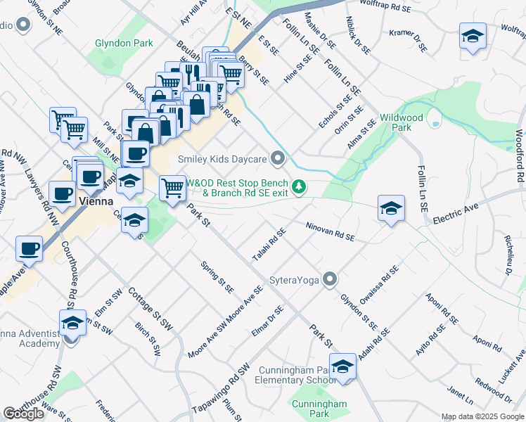 map of restaurants, bars, coffee shops, grocery stores, and more near 502 Glyndon Street Southeast in Vienna