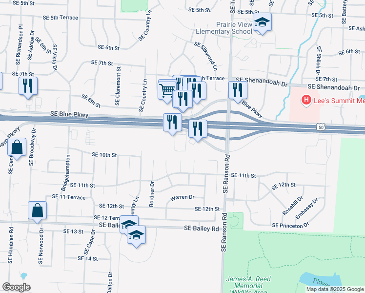 map of restaurants, bars, coffee shops, grocery stores, and more near 1253 Southeast Oldham Parkway in Lee's Summit