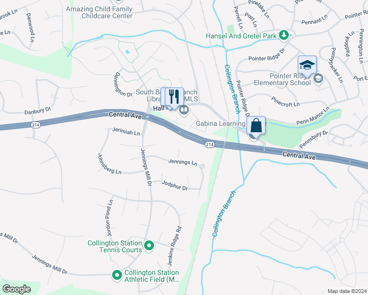map of restaurants, bars, coffee shops, grocery stores, and more near 102 Jewett Place in Bowie
