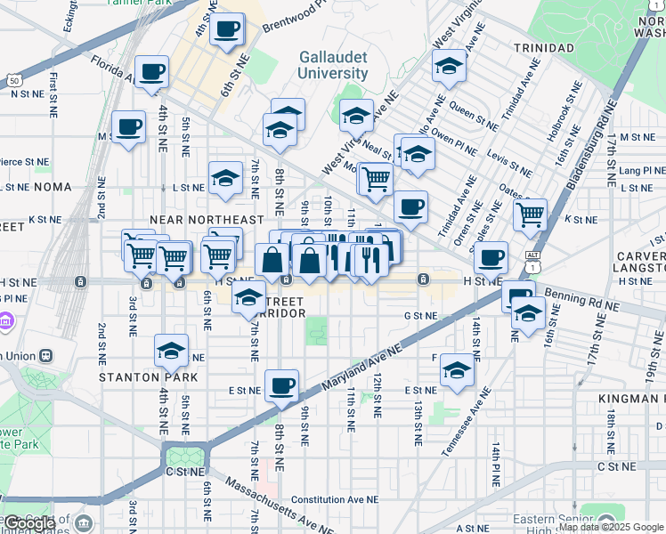 map of restaurants, bars, coffee shops, grocery stores, and more near 813 10th Street Northeast in Washington