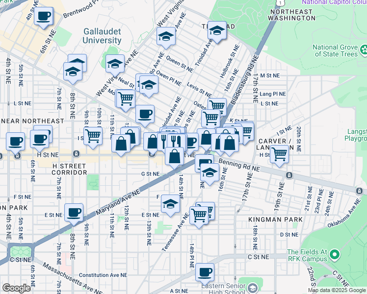map of restaurants, bars, coffee shops, grocery stores, and more near 101 Independence Avenue Southeast in Washington