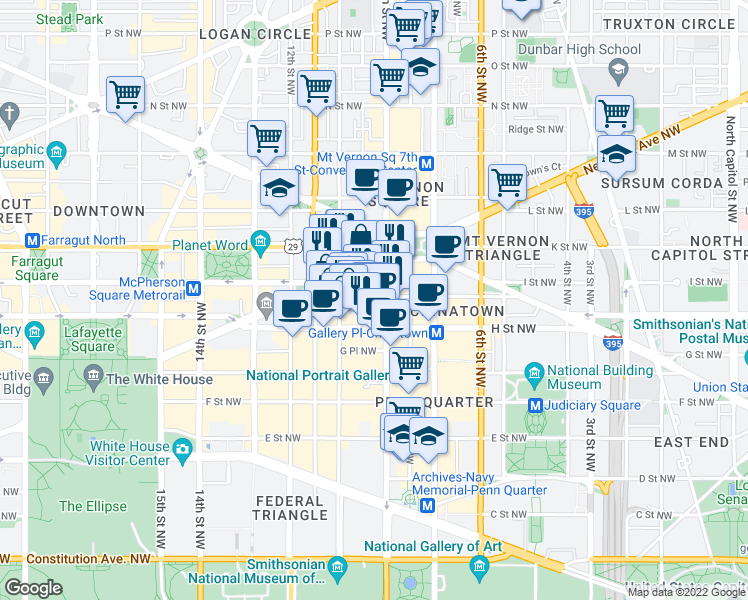 map of restaurants, bars, coffee shops, grocery stores, and more near 101 Independence Avenue Southeast in Washington