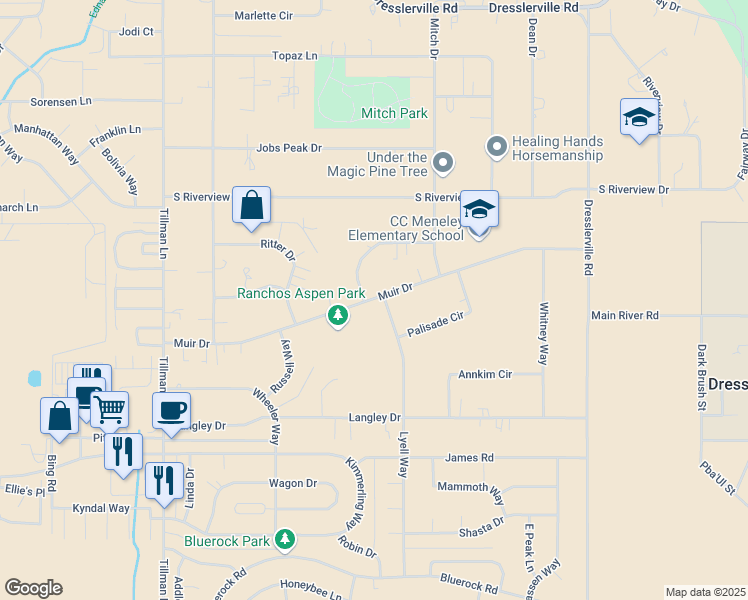 map of restaurants, bars, coffee shops, grocery stores, and more near Muir Drive in Gardnerville