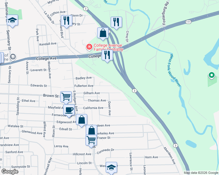 map of restaurants, bars, coffee shops, grocery stores, and more near 3561 Fullerton Avenue in Alton