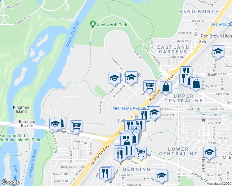 map of restaurants, bars, coffee shops, grocery stores, and more near 650 Barnes Street Northeast in Washington