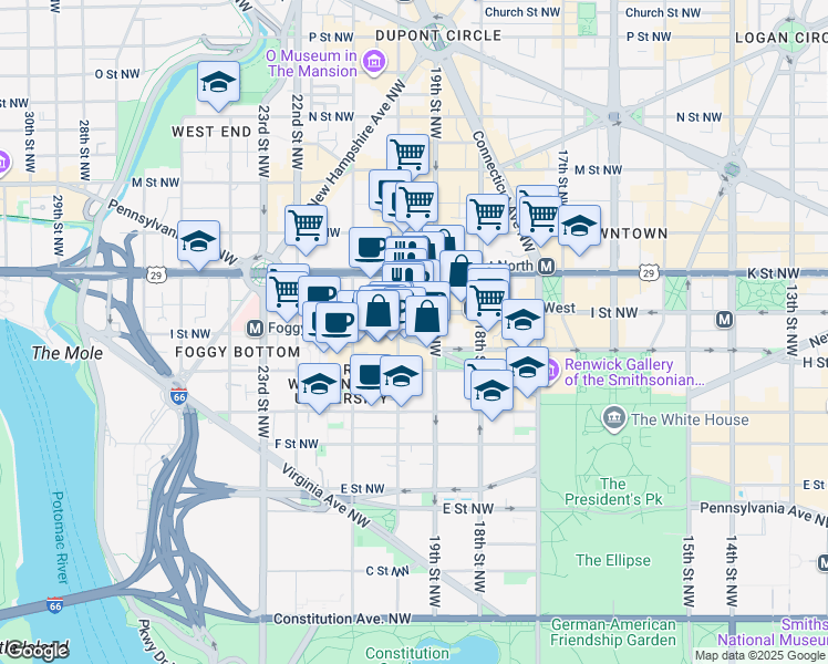 map of restaurants, bars, coffee shops, grocery stores, and more near 1919 Pennsylvania Avenue Northwest in Washington