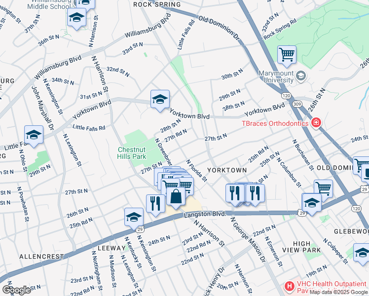 map of restaurants, bars, coffee shops, grocery stores, and more near 2637 North Florida Street in Arlington