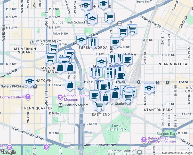 map of restaurants, bars, coffee shops, grocery stores, and more near 101 Independence Avenue Southeast in Washington