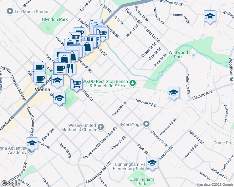 map of restaurants, bars, coffee shops, grocery stores, and more near 502 Glyndon Street Southeast in Vienna