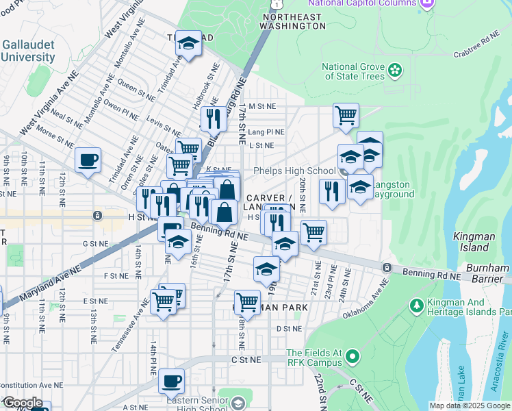map of restaurants, bars, coffee shops, grocery stores, and more near 1700 H Street Northeast in Washington