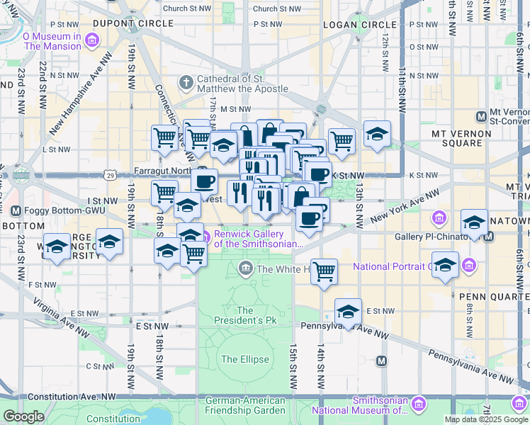 map of restaurants, bars, coffee shops, grocery stores, and more near 800 Vermont Avenue Northwest in Washington