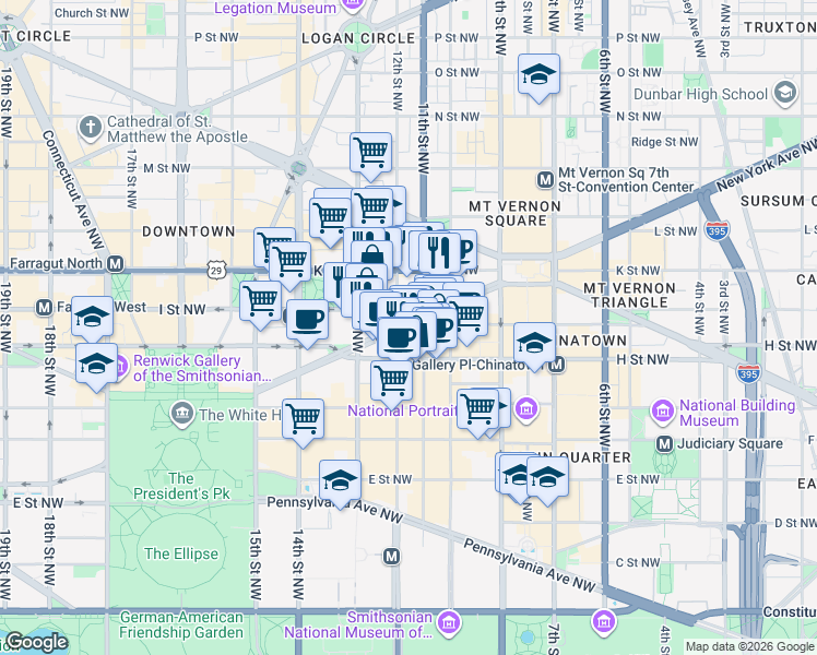 map of restaurants, bars, coffee shops, grocery stores, and more near 1100 New York Avenue Northwest in Washington
