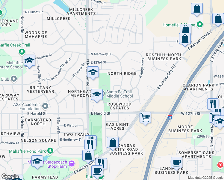 map of restaurants, bars, coffee shops, grocery stores, and more near 1419 East Mart-Way Circle in Olathe