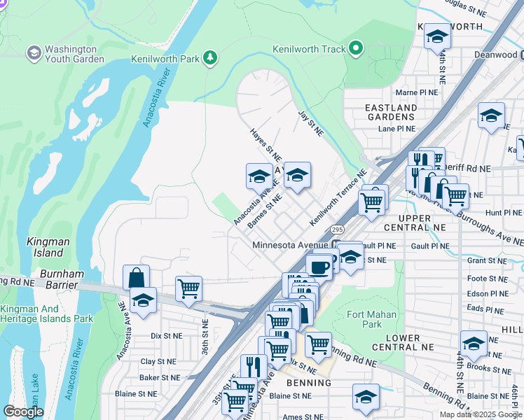 map of restaurants, bars, coffee shops, grocery stores, and more near 650 Barnes Street Northeast in Washington