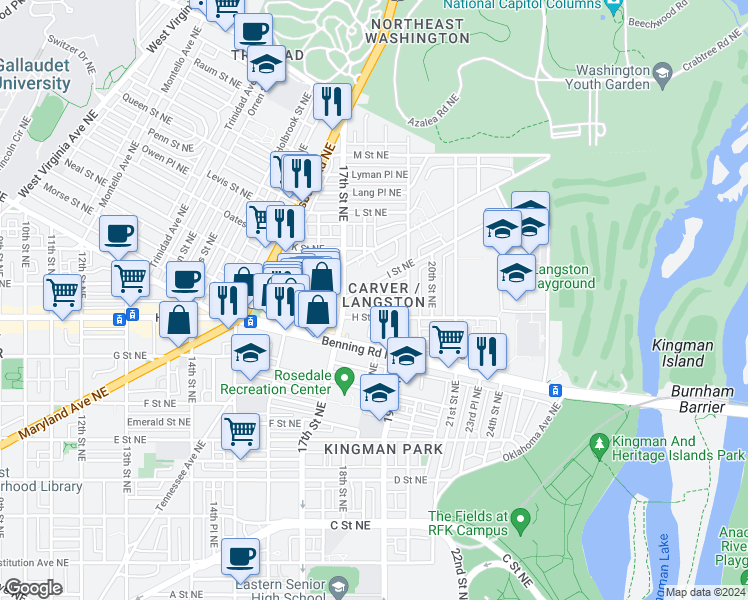 map of restaurants, bars, coffee shops, grocery stores, and more near 101 Independence Avenue Southeast in Washington