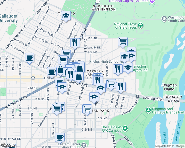map of restaurants, bars, coffee shops, grocery stores, and more near 101 Independence Avenue Southeast in Washington