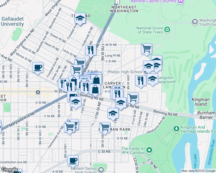 map of restaurants, bars, coffee shops, grocery stores, and more near 101 Independence Avenue Southeast in Washington