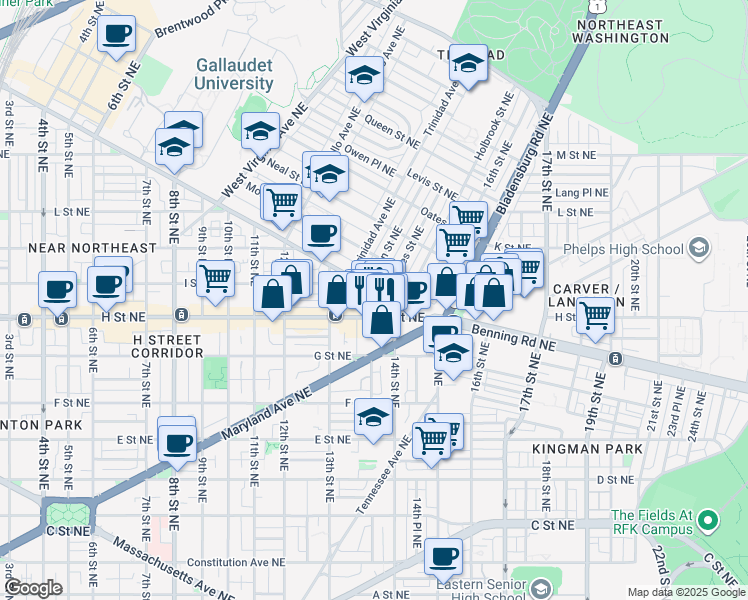 map of restaurants, bars, coffee shops, grocery stores, and more near 101 Independence Avenue Southeast in Washington
