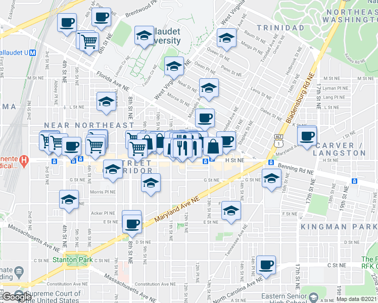 map of restaurants, bars, coffee shops, grocery stores, and more near 101 Independence Avenue Southeast in Washington