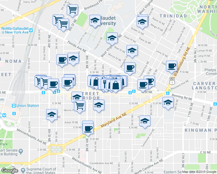map of restaurants, bars, coffee shops, grocery stores, and more near 101 Independence Avenue Southeast in Washington
