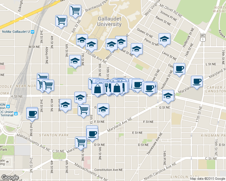 map of restaurants, bars, coffee shops, grocery stores, and more near 101 Independence Avenue Southeast in Washington