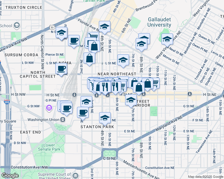 map of restaurants, bars, coffee shops, grocery stores, and more near 101 Independence Avenue Southeast in Washington