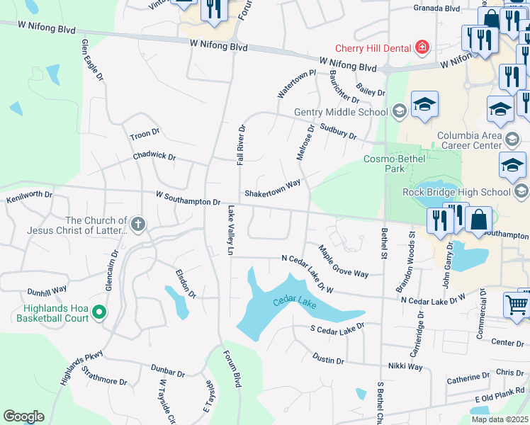 map of restaurants, bars, coffee shops, grocery stores, and more near 4608 Southampton Court in Columbia