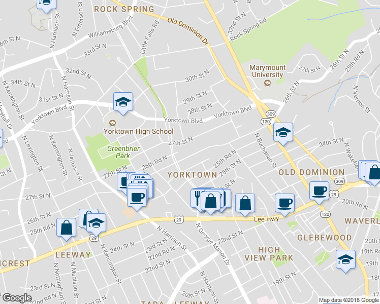 map of restaurants, bars, coffee shops, grocery stores, and more near 5115 26th Street North in Arlington