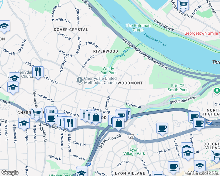 map of restaurants, bars, coffee shops, grocery stores, and more near 2923 24th Road North in Arlington