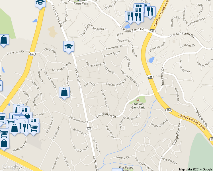 map of restaurants, bars, coffee shops, grocery stores, and more near 13407 Virginia Willow Drive in Fairfax
