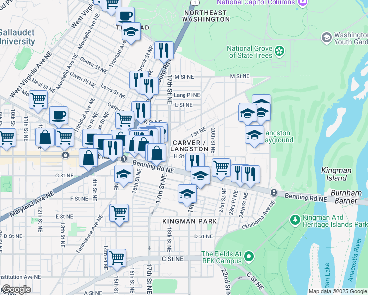 map of restaurants, bars, coffee shops, grocery stores, and more near 824 18th Street Northeast in Washington