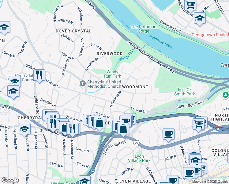 map of restaurants, bars, coffee shops, grocery stores, and more near 2923 24th Road North in Arlington