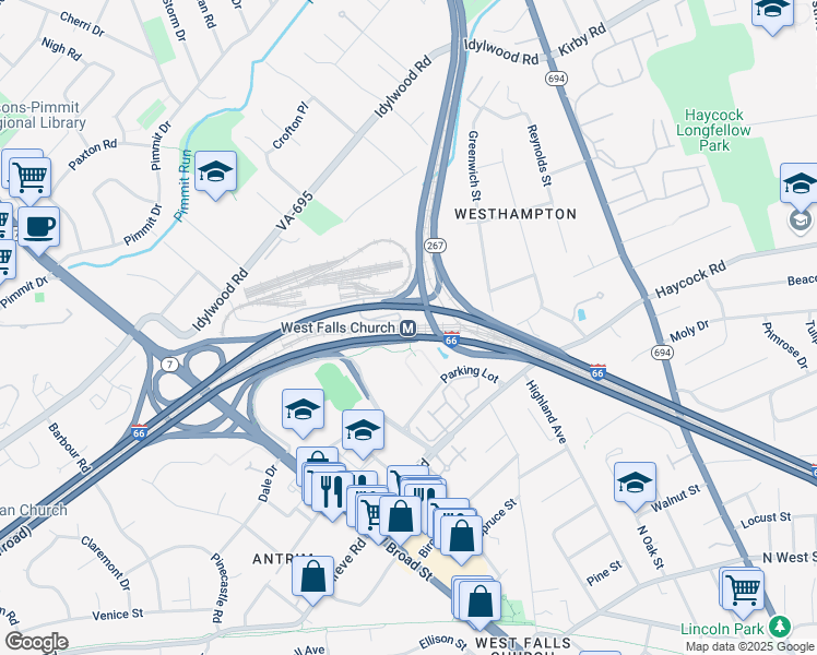 map of restaurants, bars, coffee shops, grocery stores, and more near 7040 Haycock Road in Falls Church