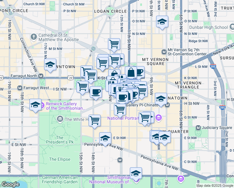 map of restaurants, bars, coffee shops, grocery stores, and more near 1225 New York Avenue Northwest in Washington