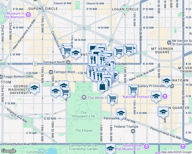 map of restaurants, bars, coffee shops, grocery stores, and more near 811 Vermont Avenue Northwest in Washington