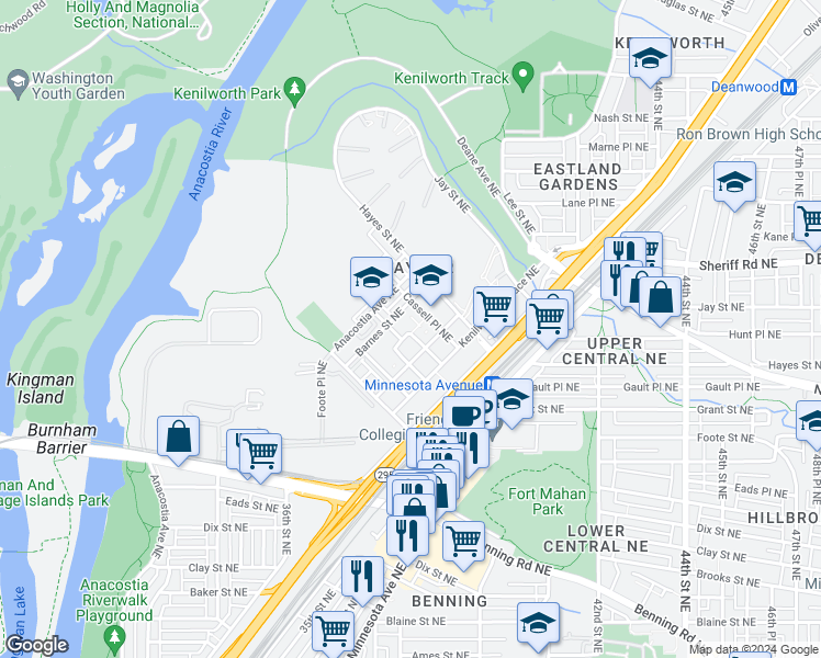 map of restaurants, bars, coffee shops, grocery stores, and more near 3728 Burnham Place Northeast in Washington