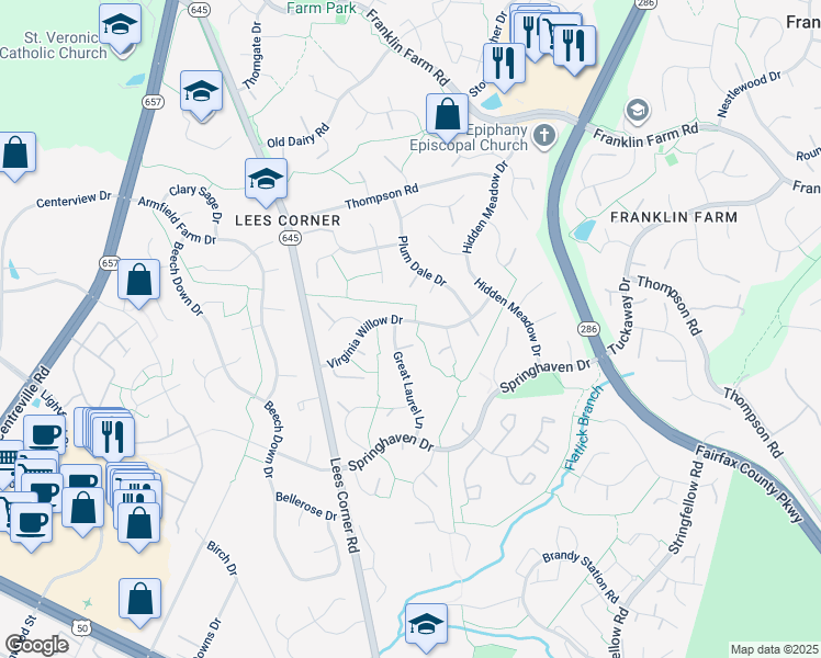 map of restaurants, bars, coffee shops, grocery stores, and more near 13407 Virginia Willow Drive in Fairfax