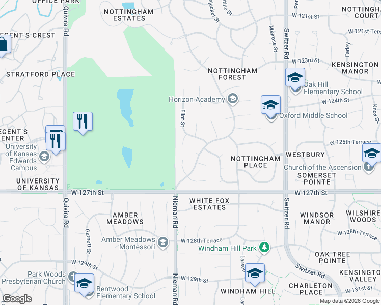 map of restaurants, bars, coffee shops, grocery stores, and more near 12532 Nieman Road in Overland Park