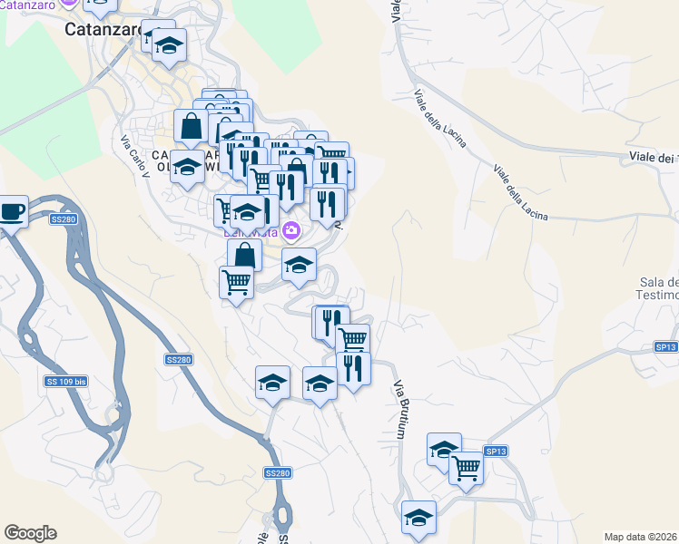 map of restaurants, bars, coffee shops, grocery stores, and more near 57 Viale dei Bizantini in Catanzaro