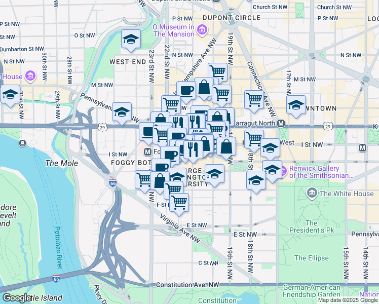 map of restaurants, bars, coffee shops, grocery stores, and more near 2141 I Street Northwest in Washington