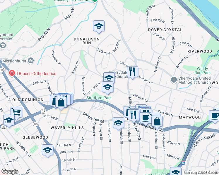 map of restaurants, bars, coffee shops, grocery stores, and more near 4100 North Vacation Lane in Arlington