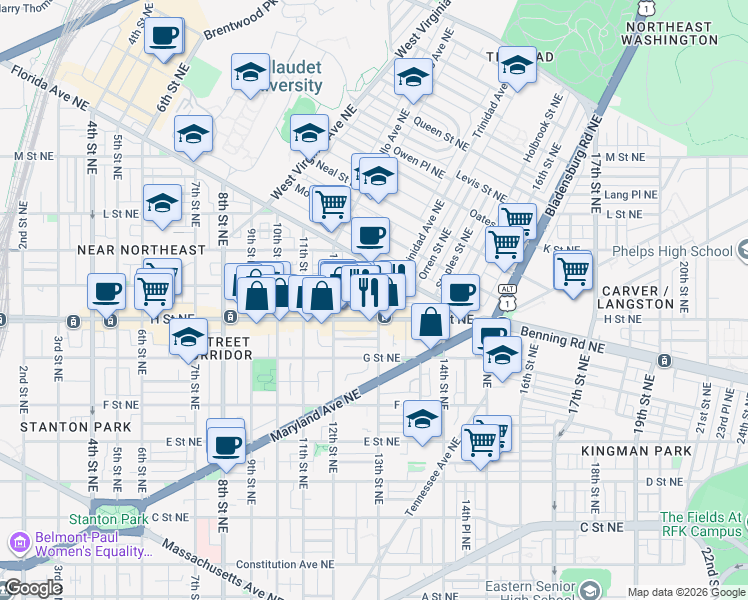 map of restaurants, bars, coffee shops, grocery stores, and more near 101 Independence Avenue Southeast in Washington