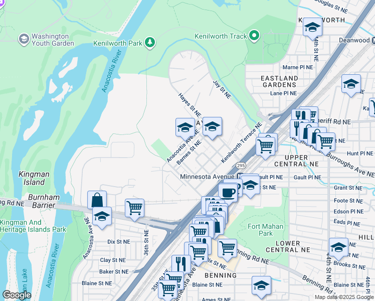 map of restaurants, bars, coffee shops, grocery stores, and more near 652 Barnes Street Northeast in Washington