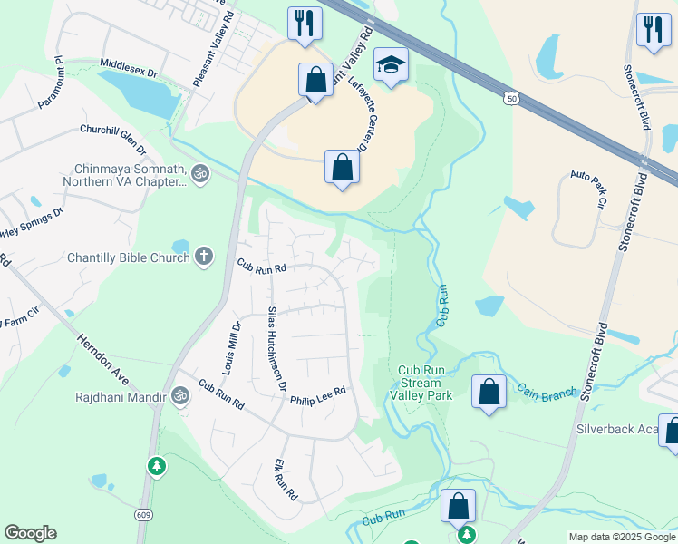 map of restaurants, bars, coffee shops, grocery stores, and more near 4333 Cub Run Road in Chantilly