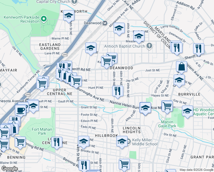 map of restaurants, bars, coffee shops, grocery stores, and more near 4636 Hunt Place Northeast in Washington