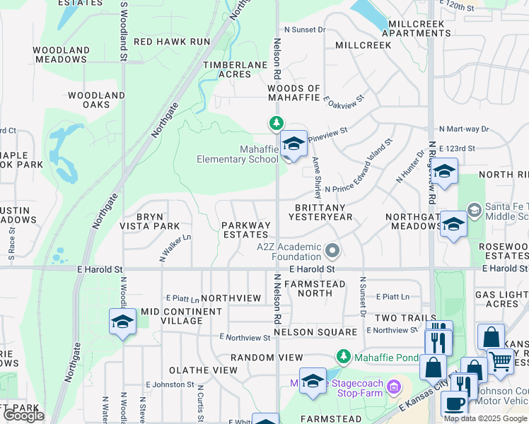 map of restaurants, bars, coffee shops, grocery stores, and more near 1214 North Purdom Street in Olathe